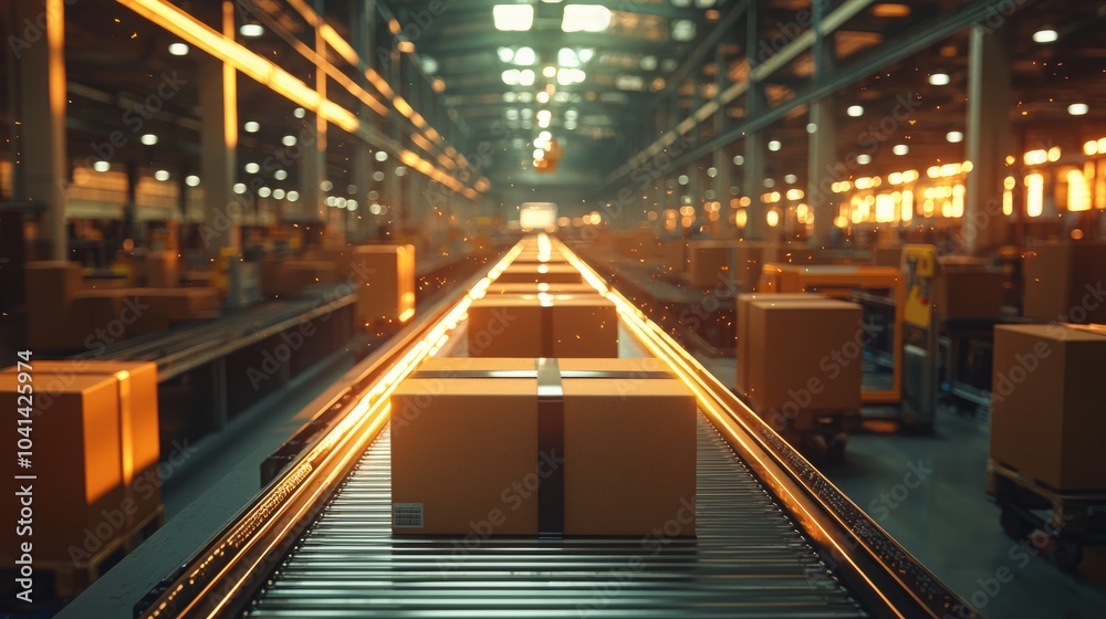 A close-up view of a conveyor belt in a warehouse, with boxes moving down the line, highlighting the efficiency and speed of modern logistics. A close-up view of a conveyor belt in a warehouse, with boxes moving down the line, highlighting the efficiency and speed of modern logistics.