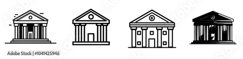Black and white outline of classical building with columns and triangular roof above central doorway. Ideal for educational materials, architecture themes, financial themes, and legal topics