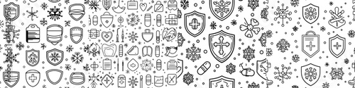 First aid kit, cross on shield, mask, and virus in white. Pattern elements are in monochrome style. Topic treatment of illness.