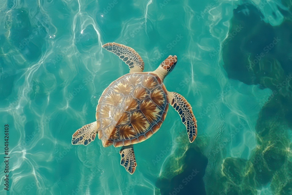 Fototapeta premium Gentle sea turtle gliding through clear blue waters. 