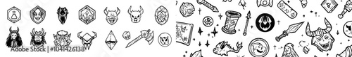 An icon set of fantasy role playing games, a hand drawn dungeon dragon character face, medieval weapons, a shield, and a bow along with a doodle collection of role playing items like a magic book, photo