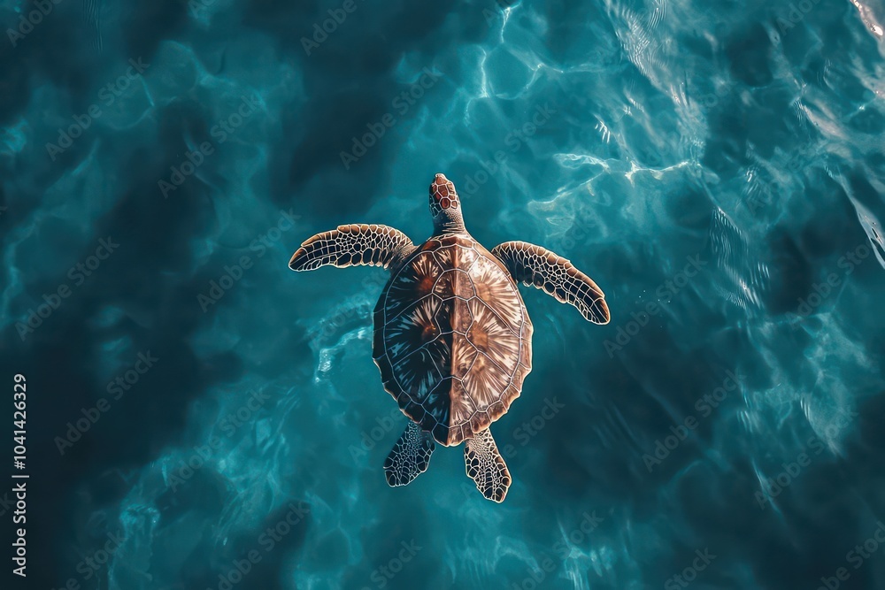 Fototapeta premium Gentle sea turtle gliding through clear blue waters. 