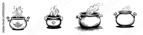 An illustration of a Halloween potion cauldron in line art style. Hand drawn outline sketch, engraved doodle. For coloring, invitations, decorations.