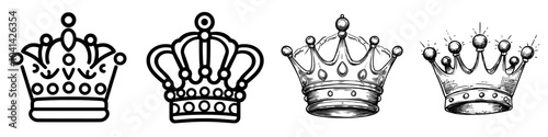 A simple monochrome sketch of a classic crown, medieval crown with teeth, and royalty emblem designed in a doodle style.