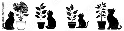 This minimal design depicts a black cat sitting beside a potted plant in an engraving style.