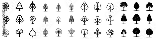A simple line drawing style illustration of three black and white trees.