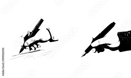 Hand holding black pen with blue sleeve extension. Excellent for writing, drawing, taking notes, design, education. Its simplicity and contrast make it a very striking and noticeable image.