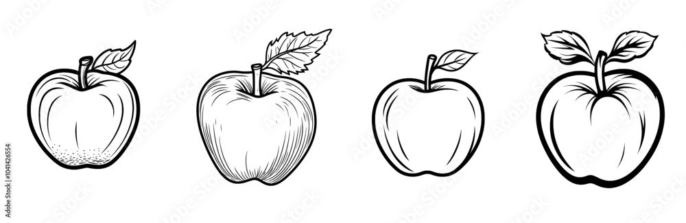 A minimalistic black outline of an apple with a single leaf and two seeds inside, all on a white background. Great for educational materials, design projects, fruit-related themes, or health-related A minimalistic black outline of an apple with a single leaf and two seeds inside, all on a white background. Great for educational materials, design projects, fruit-related themes, or health-related