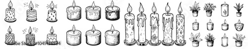 Drawing of candle with flame in black ink on an isolated background. Etching of cozy home decor for meditation. Engraving candlelight. Modern illustration of candle with flame.