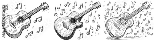 Music Notes and Flowing Lines Illustration of a Minimalist Guitar