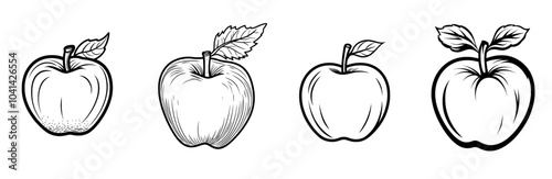 A minimalistic black outline of an apple with a single leaf and two seeds inside, all on a white background. Great for educational materials, design projects, fruit-related themes, or health-related