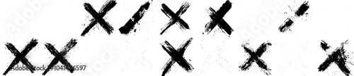 Set of black cross marks with textured brush strokes. Hand drawn crossed strikethrough lines. Crosshairs symbols. Modern illustration collection.