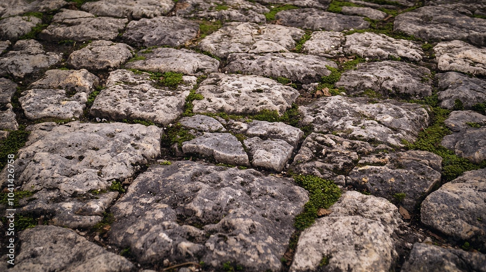 Textured Stone Pavement with Moss: Unique Rough Surface Details
