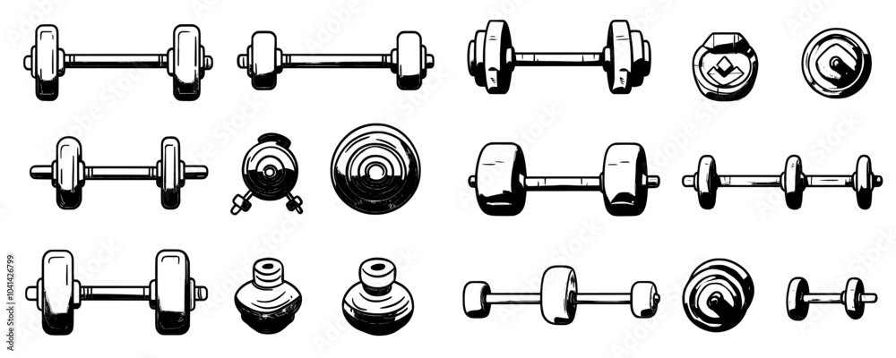 A set of modern doodle gym equipment doodle icons. A sketch line art hand expander and massage roll, a suitcase with dumbbells and a skipping rope, and contour illustrations of an exercise mat and A set of modern doodle gym equipment doodle icons. A sketch line art hand expander and massage roll, a suitcase with dumbbells and a skipping rope, and contour illustrations of an exercise mat and