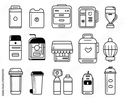 Doodle icons for self-service buying. Sketch line art self-service robot cashier, photo kiosk, digital check and payment terminal.