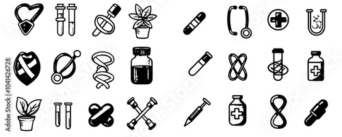 An illustration of the radiation therapy machine and human organ cancer, blood transfusion and melanoma in an oncology examination doodle set.