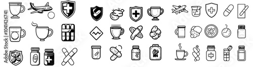 Set of modern doodle icons for flu disease treatment. Sketch line art and questionnaire for flu vaccine, herbal tea with honey and lemon, syrup, and eye drops.