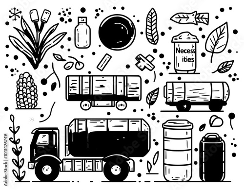 Green energy doodle icons set. Sketch line art biofuel railway carriage and canisters, oil barrel and laboratory flasks, bio fuel factory color illustrations.