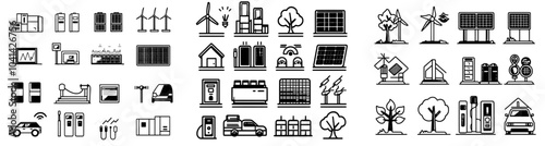 The solar power industry doodle icons set is a modern collection of sketches of solar power aircraft and ships, photovoltaic inverters and batteries, and illustrations explaining the principle and