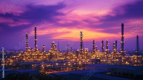 An oil refinery lit by golden lights, stretching across the horizon at dusk, with a rich purple sky adding drama to the industrial landscape.