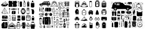 Modern adventure equipment doodle icons set. doodles of heated sleeping bags, shovels, maps, and rescue kits.