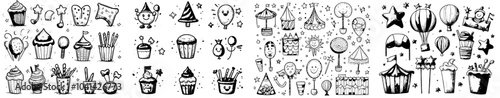 Doodle icon set for festivals and events. Features rock bands, stand-up comedians, and pool parties.