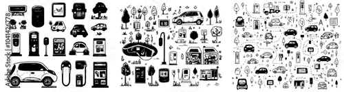 Icons set modern with electric car vehicle doodles. Sketched line art illustrations of the automobile electric engine and charging cable, with parking with charge station and electric bus.