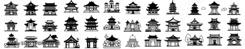 Color illustrations of temple construction doodle icons. Sketch line art religion cathedrals, synagogues, catholic churches, kaaba, and mayan temples.