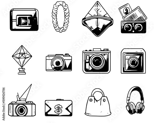 Modern doodle icons set of hip hop and rap music. Sketch line art hip hop gold disc, mesh microphone, clothes, glasses and tattoo designs.