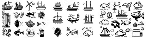 doodle icons modern tidal power station. sketch line art industrial tidal power station and voltage control, scheme plan of work and environment harm.