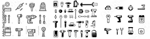 The tools for building doodle icons set modern features a jackhammer and a jigsaw, a neiler and an electric planer, a spray gun and a wrench, as well as a flazer and mixer tool set in color.