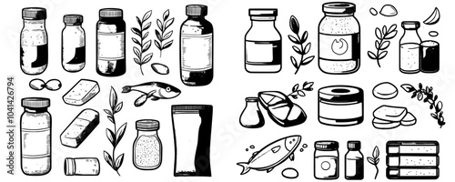 Modern doodle icons set of food additive formulas. Sketch line art corn syrup and sugar substitute, chemical inventory and amino acids food additives.