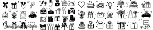 Doodle icons set of wedding accessories. Sketches of wedding invitations and vows, champagne drink and snack, gift for bride and groom, contour lines with champagne, champagne drink and snack