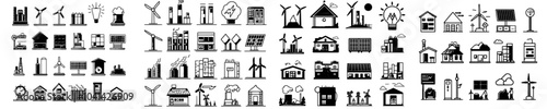 Industrial power production plant and infrastructure color illustrations, pencil sketch line art energy safe lightbulb illustration.