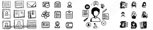 Know your customer doodle icons set modern. Sketch line art client identification cards and medical information.
