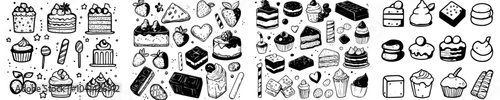 The modern dessert doodle icon set features a donut with chocolate cream and fruity lollipop candy, waffles and muffins in a creamy dessert color scheme.