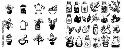 Spice version of the doodle icon set. Sketched line art spice of cinnamon and vanilla sticks, taste of basil leaves and parsley, and mustard and paprika.