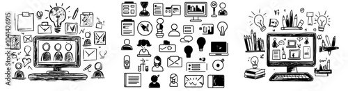 Modern video conference communication doodle icons set. Sketchline Art Business video conference and consultation with doctor, presentation and remote education contour illustrations photo