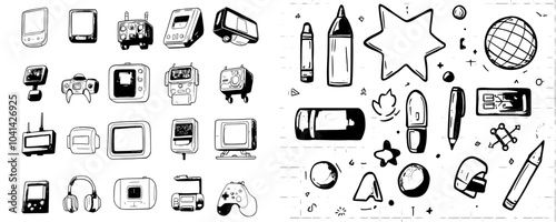 Modern sketch line art robot future electronic equipment icons set. Vacuum cleaner and cyborg nanorobot, robotic arm doing surgery operation contour illustrations.