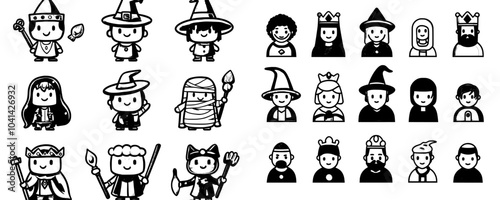 The set of fantasy and magical character doodle icons includes zombies, ghosts, angels, flames, Frankenstein characters, mummies, vampires and steampunk characters.