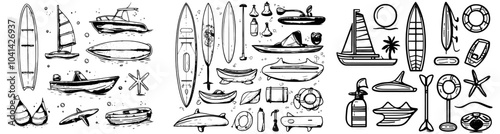 The set includes doodle icons of water sports active occupations such as kayaking, freediving, swimming, volleyball, basketball, fishing, and contours.