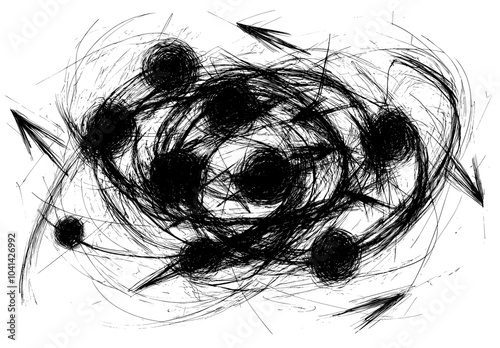 Doodle chaotic mindset tangled scribble random knot arrow lines drawn by hand.