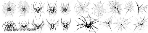 The clipart for Halloween spider webs includes curved threads silhouettes with black outlining. The clipart is hand drawn. It is an illustration of different web shapes for creepy decor, holiday