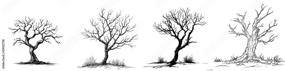 Fototapeta premium Line drawing of a scary Halloween tree. Graphic monochrome illustrations. For coloring books, invitations, and decor.