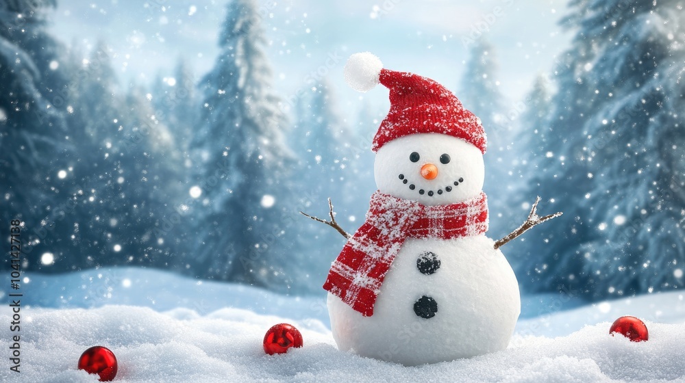 Fototapeta premium Festive backdrop featuring a snowman amidst a winter landscape