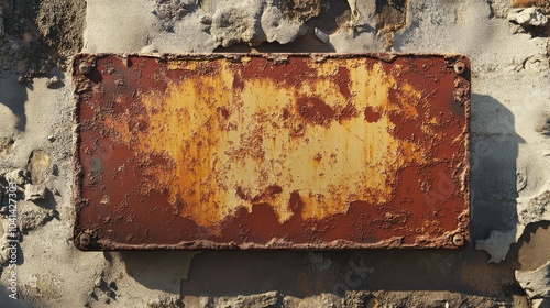 Weathered and rusted metal signboard shaped and designed for display