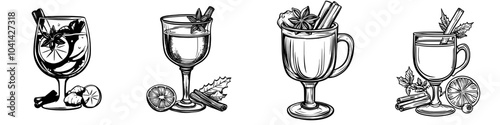 In this image, a hot Christmas beverage is shown in a glass cup with apple slices, berries, cinnamon sticks, and star anises in a modern, isolated style. A monochromatic drink has been painted using