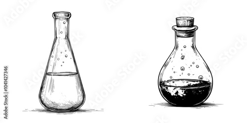 The open glass bottles in the illustration are illustrated in monochrome with essential organic perfume oil realistic graphic sketches. The elements are hand drawn and painted with black inks. It is