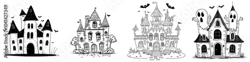 Illustration of abandoned mansion graphic illustration in black and white. For invitations, deco, coloring books, etc.