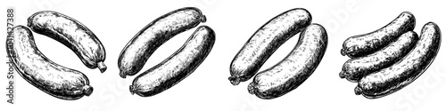 Grilled sausages, bratwursts black and white graphic modern illustration isolated. Fried food barbecue sausage monochrome hand drawn by line art for design beer festival, menu, packaging, BBQ party.